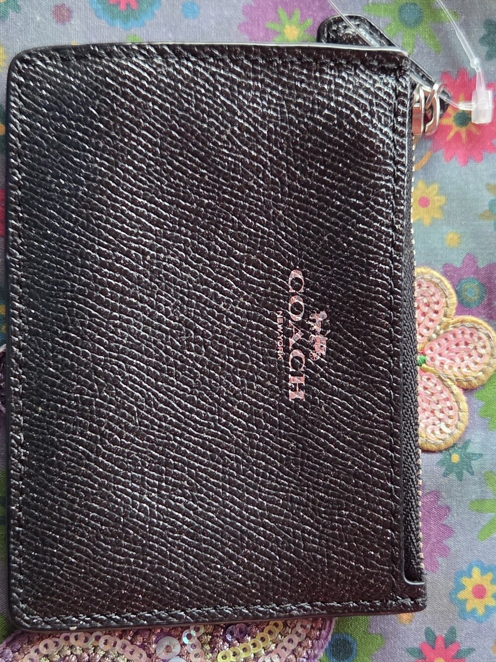 Coach Black Leather Zip Card Case with Pink Logo Accent